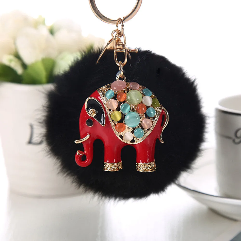 9CM Rabbit Fur Ball Elephant Keychain Bag Plush Key Ring Car Key Chain Fur Pom Pom Plush Key Chain Keyring Men Women