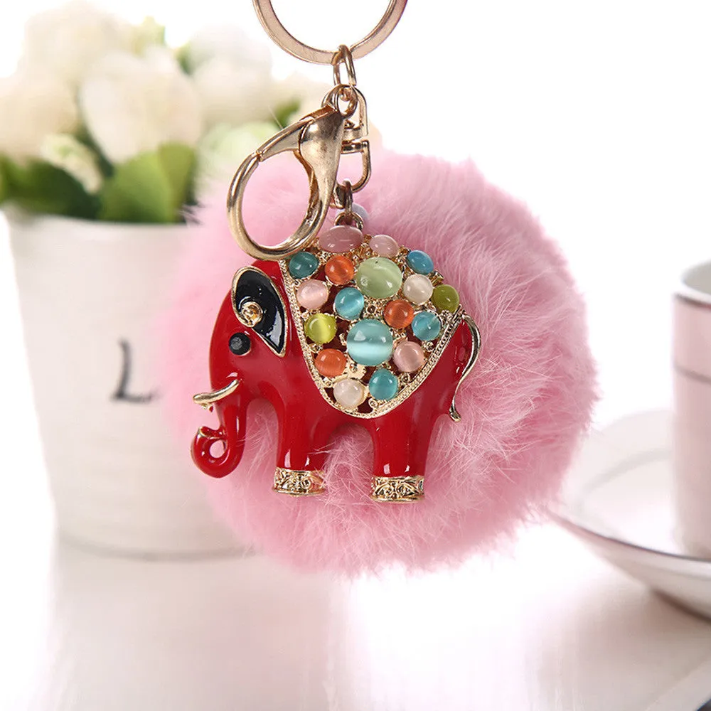 9CM Rabbit Fur Ball Elephant Keychain Bag Plush Key Ring Car Key Chain Fur Pom Pom Plush Key Chain Keyring Men Women