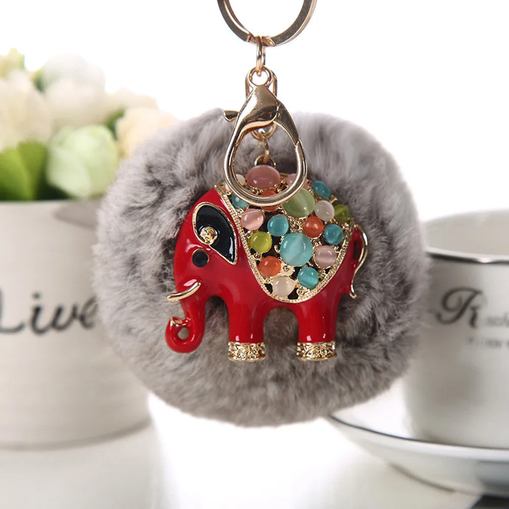 9CM Rabbit Fur Ball Elephant Keychain Bag Plush Key Ring Car Key Chain Fur Pom Pom Plush Key Chain Keyring Men Women