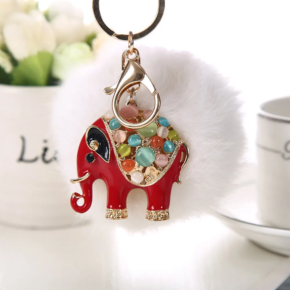 9CM Rabbit Fur Ball Elephant Keychain Bag Plush Key Ring Car Key Chain Fur Pom Pom Plush Key Chain Keyring Men Women