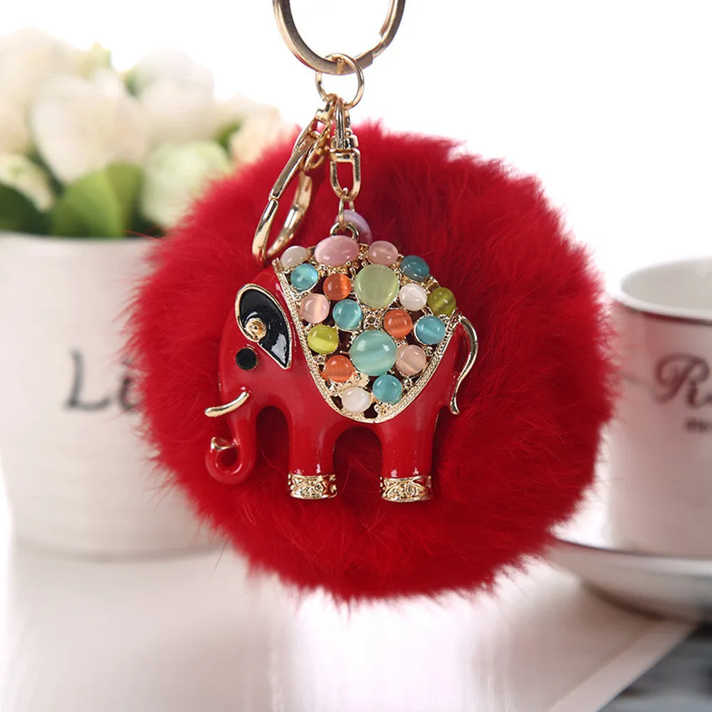 9CM Rabbit Fur Ball Elephant Keychain Bag Plush Key Ring Car Key Chain Fur Pom Pom Plush Key Chain Keyring Men Women