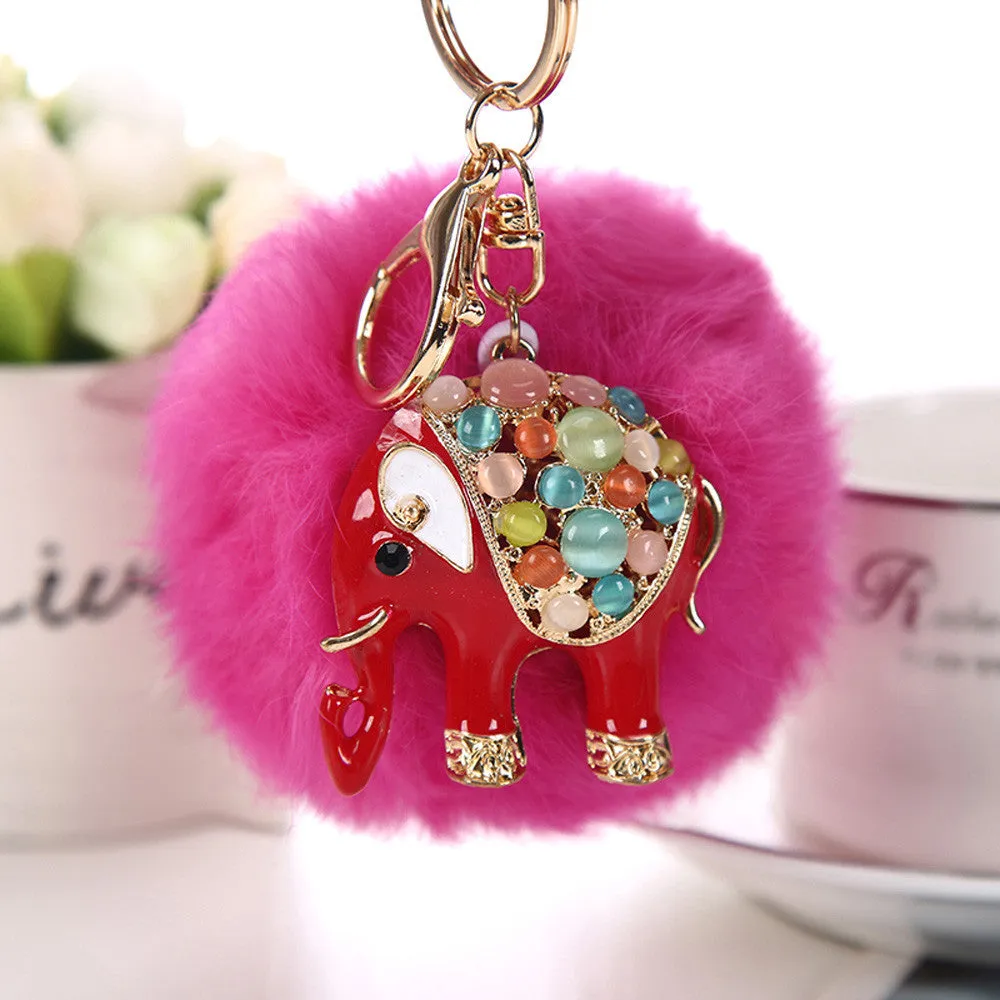 9CM Rabbit Fur Ball Elephant Keychain Bag Plush Key Ring Car Key Chain Fur Pom Pom Plush Key Chain Keyring Men Women