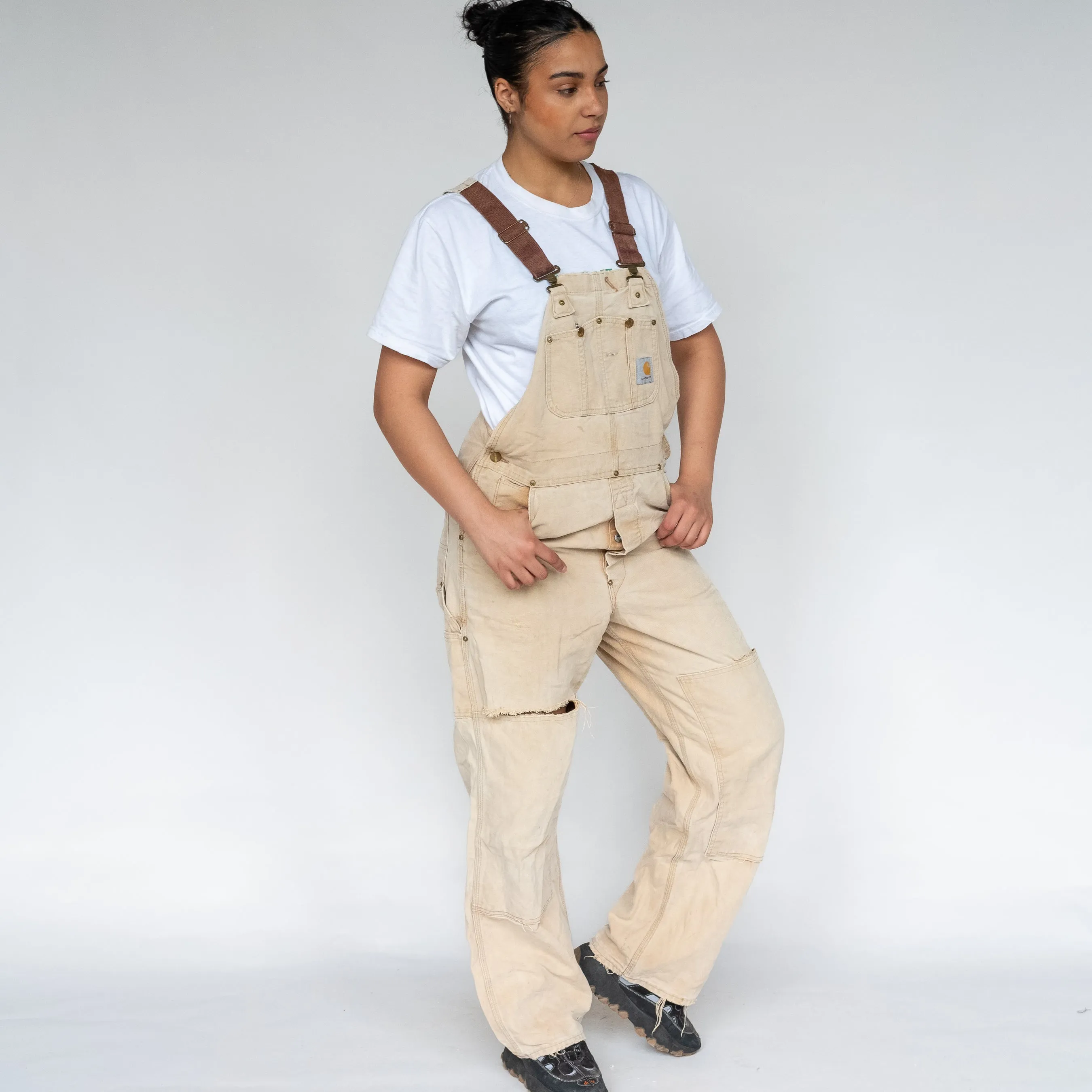 Beige 90s Carhartt Canvas Baggy Dungarees (L)