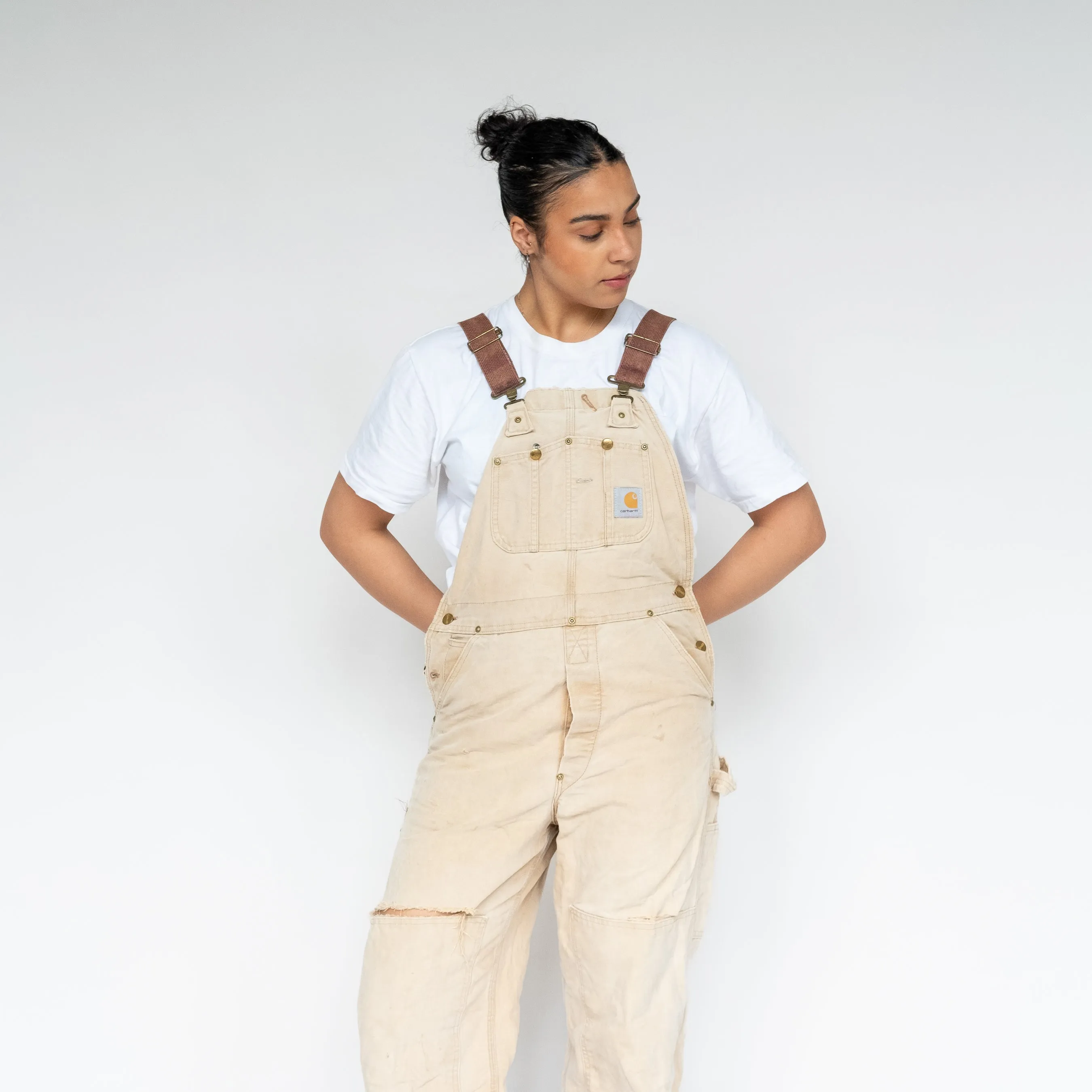 Beige 90s Carhartt Canvas Baggy Dungarees (L)