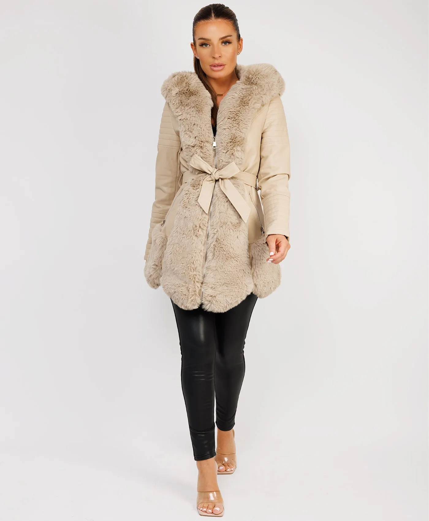 Beige Faux Fur Panel Waist Belted Faux Leather Jacket