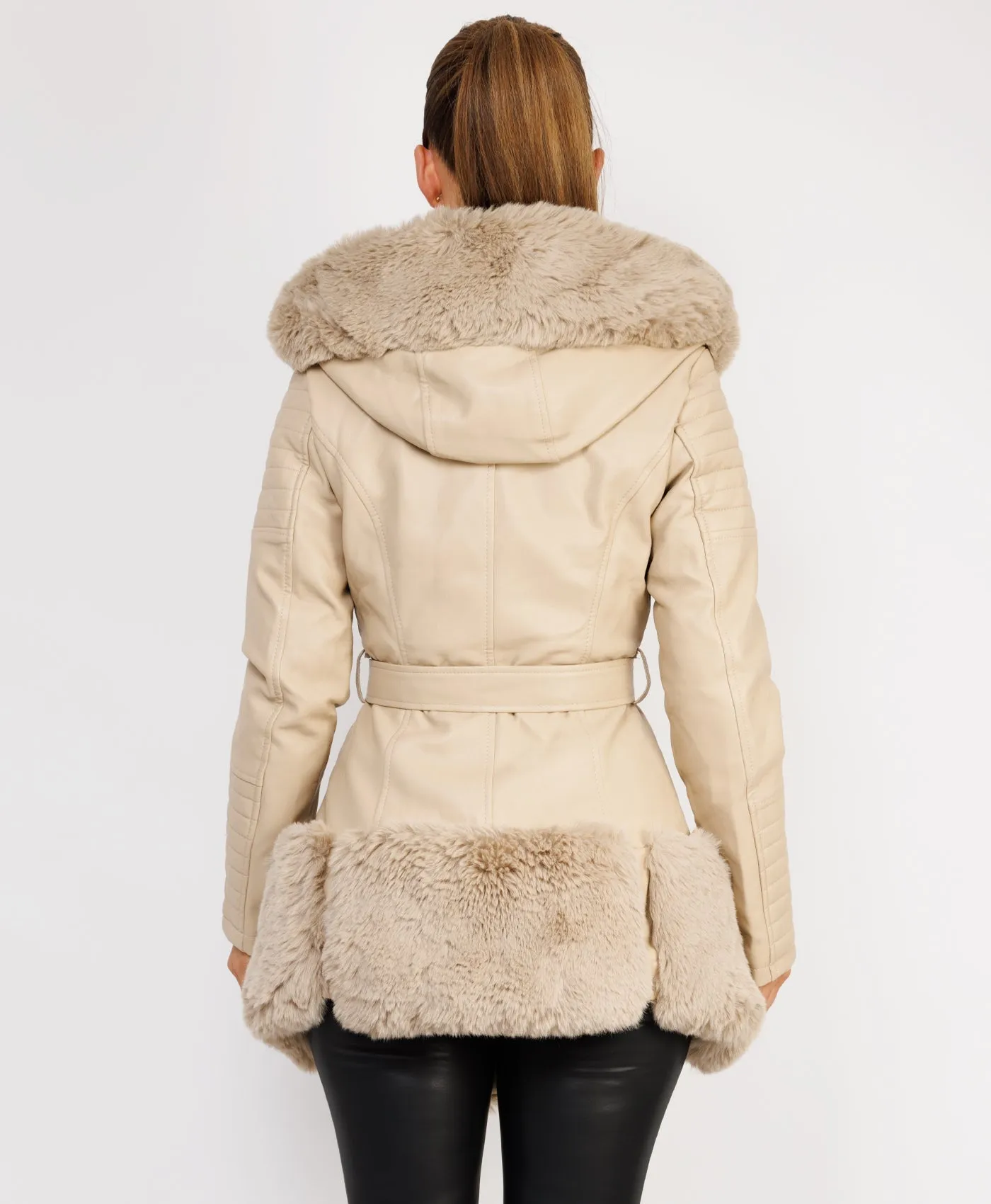 Beige Faux Fur Panel Waist Belted Faux Leather Jacket