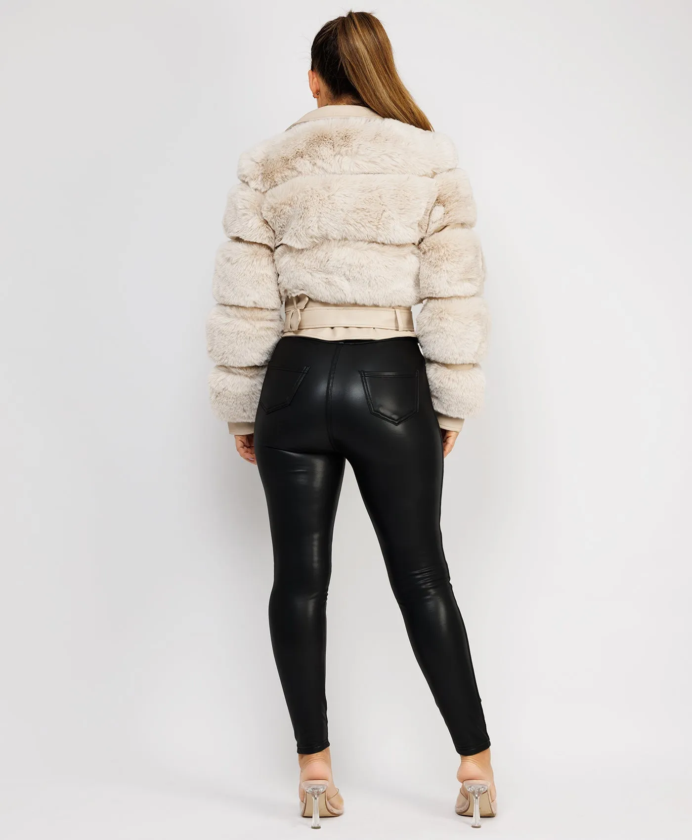 Beige Faux Fur Vegan Leather Belted Biker Jacket