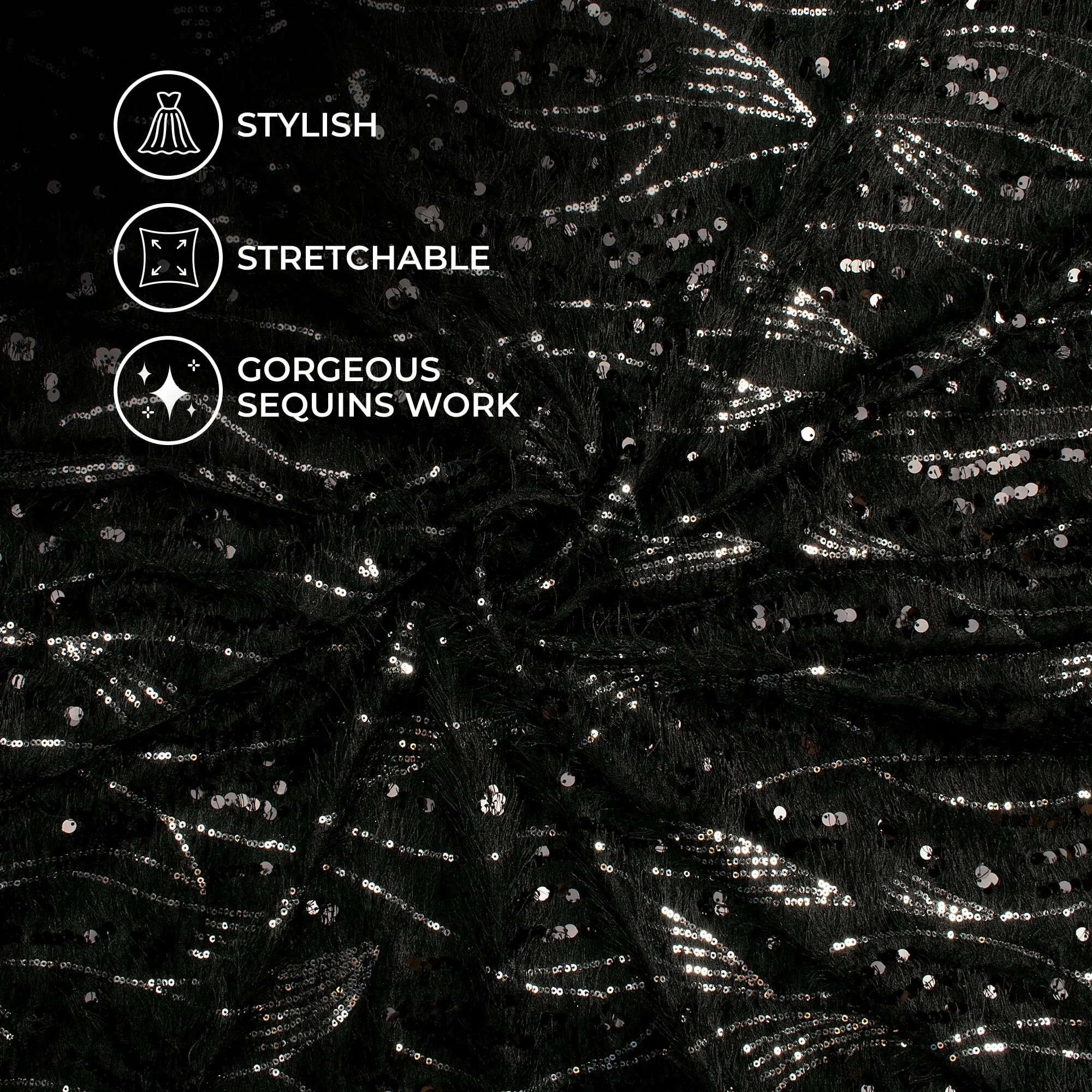 Black Abstract Sequins Long Hair Imported Fur Fabric (Width 58 Inches)