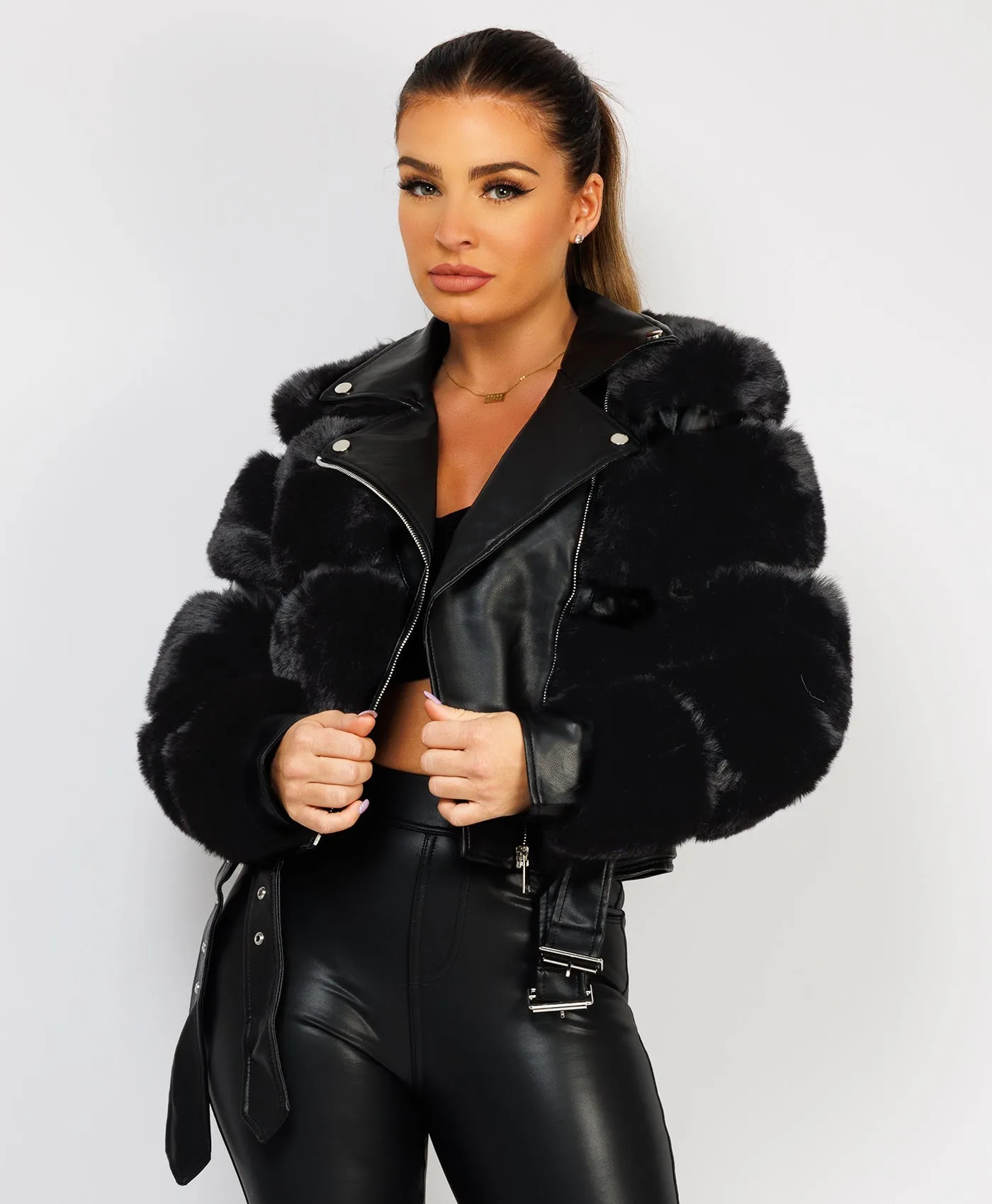 Black Faux Fur Vegan Leather Belted Biker Jacket