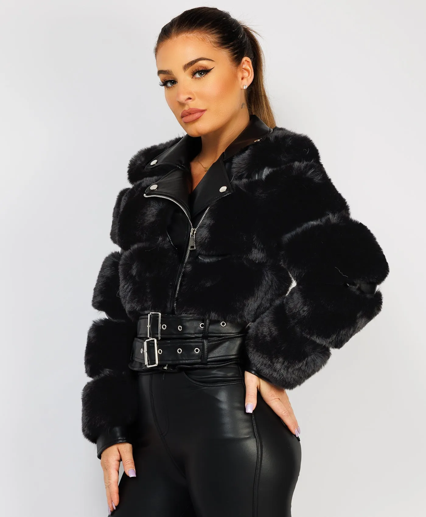 Black Faux Fur Vegan Leather Belted Biker Jacket