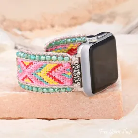 Candy Pink & Turquoise Braided Woven Nylon Adjustable Apple Watch Band