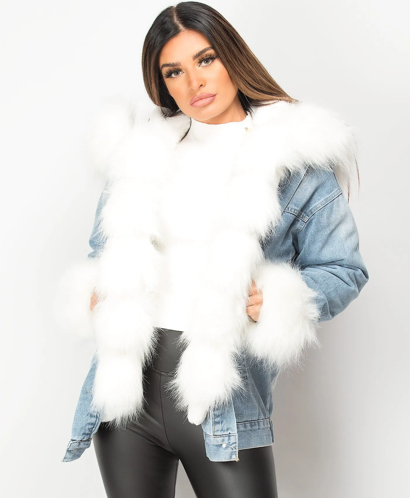 Denim Blue Faux Fur Trim Oversize Hooded Denim Jacket