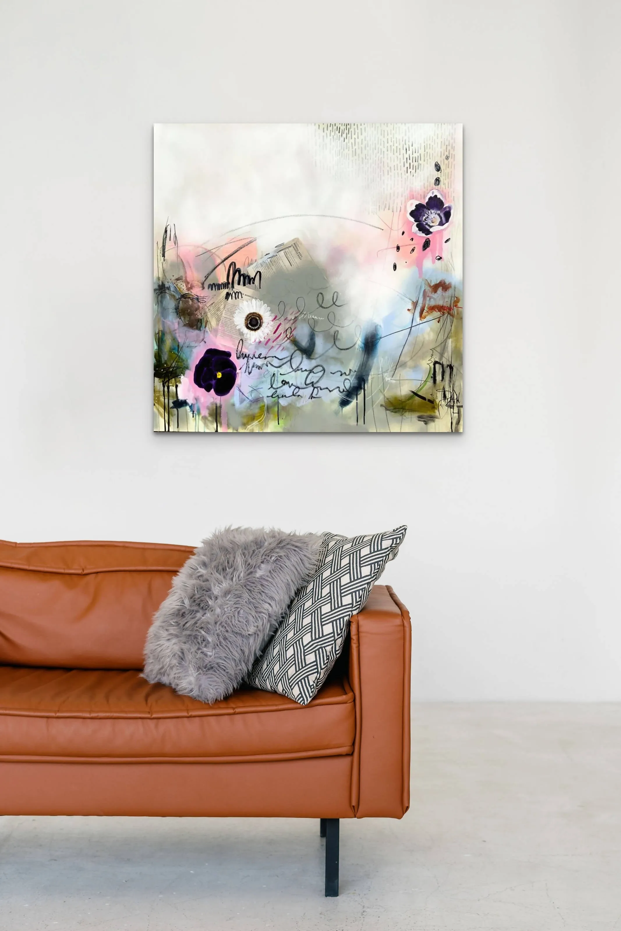 Edda Davila - Differential -Abstract grey floral painting 30x30