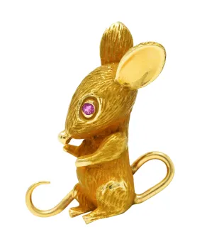 Fisher & Co. Retro Ruby 14 Karat Gold Mouse Brooch