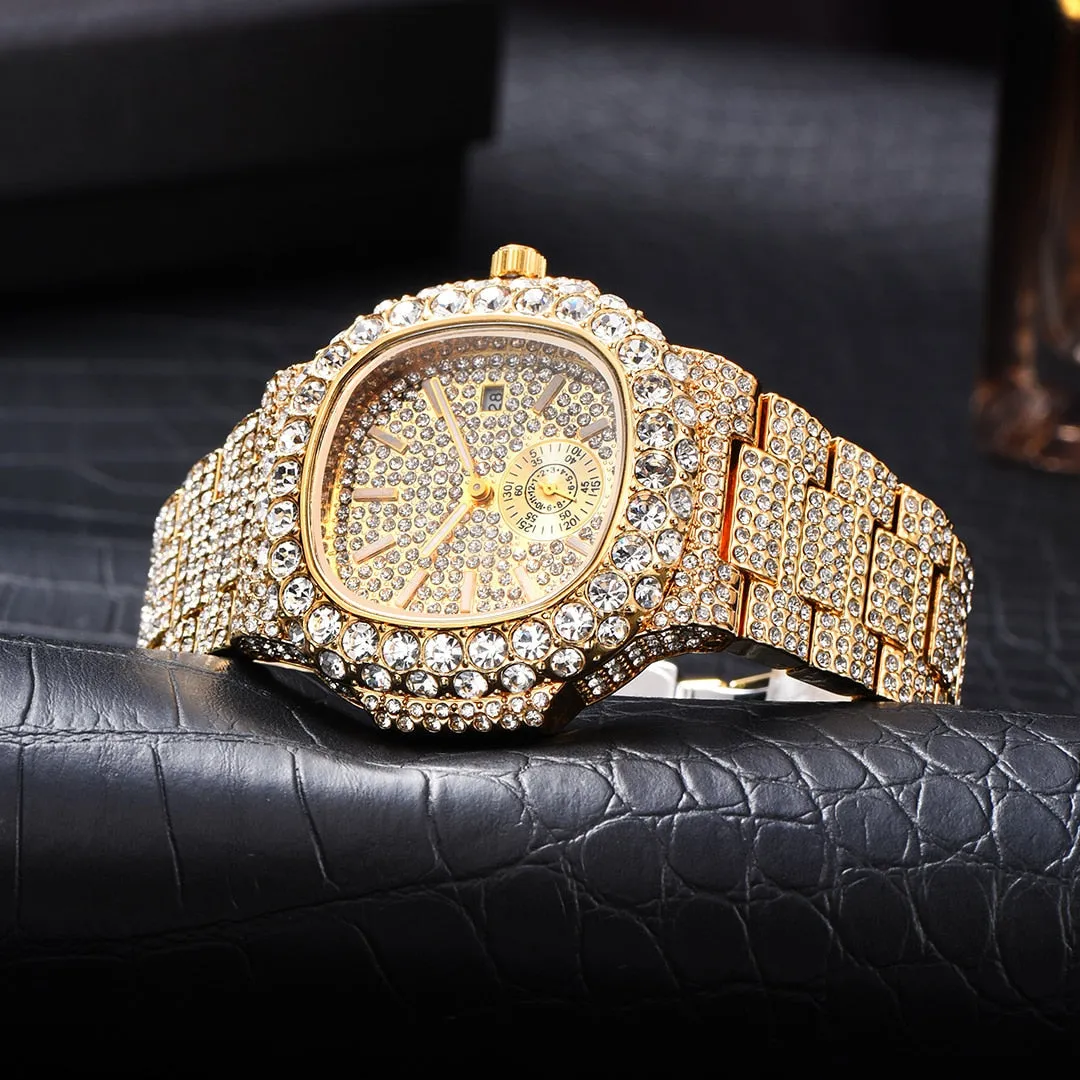 Hip Hop Fashion Men's Full Bling Diamond Iced Out Automatic Date Watch