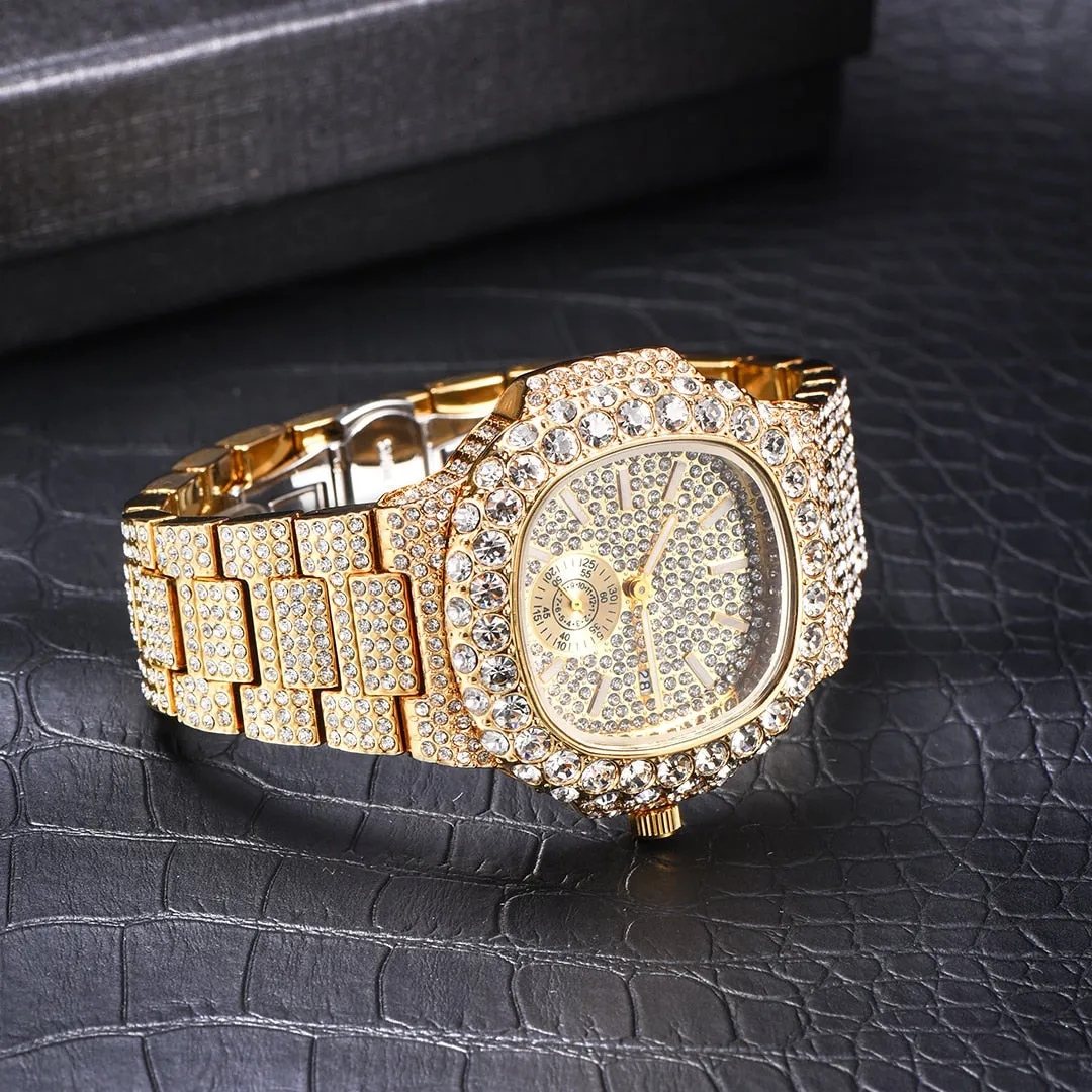 Hip Hop Fashion Men's Full Bling Diamond Iced Out Automatic Date Watch