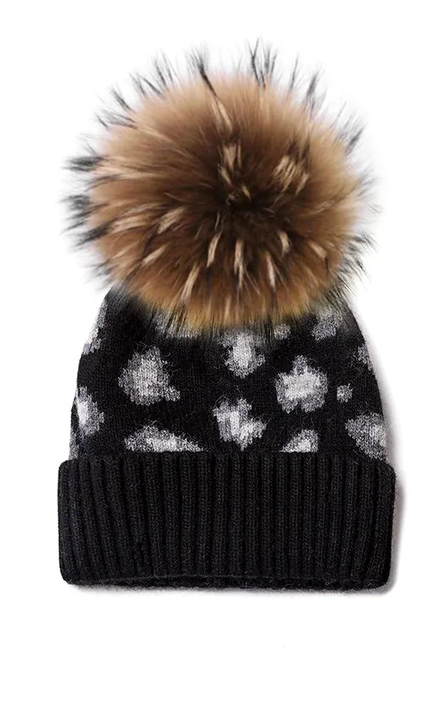 LHD3 Cashmere Wool Leopard Natural Raccoon Fur Pompom Hat