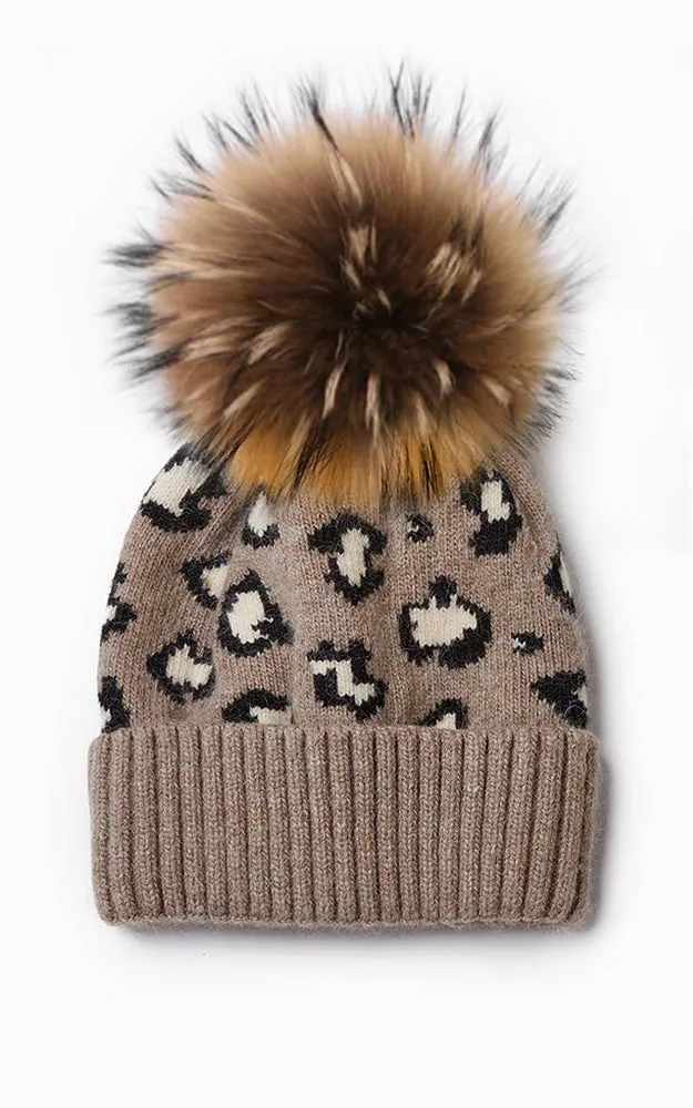 LHD3 Cashmere Wool Leopard Natural Raccoon Fur Pompom Hat