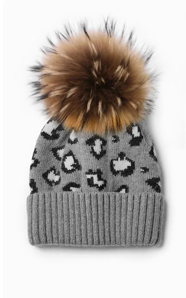 LHD3 Cashmere Wool Leopard Natural Raccoon Fur Pompom Hat