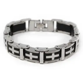 Men's Stainless Steel Cross in Rubber Wide Link Bracelet