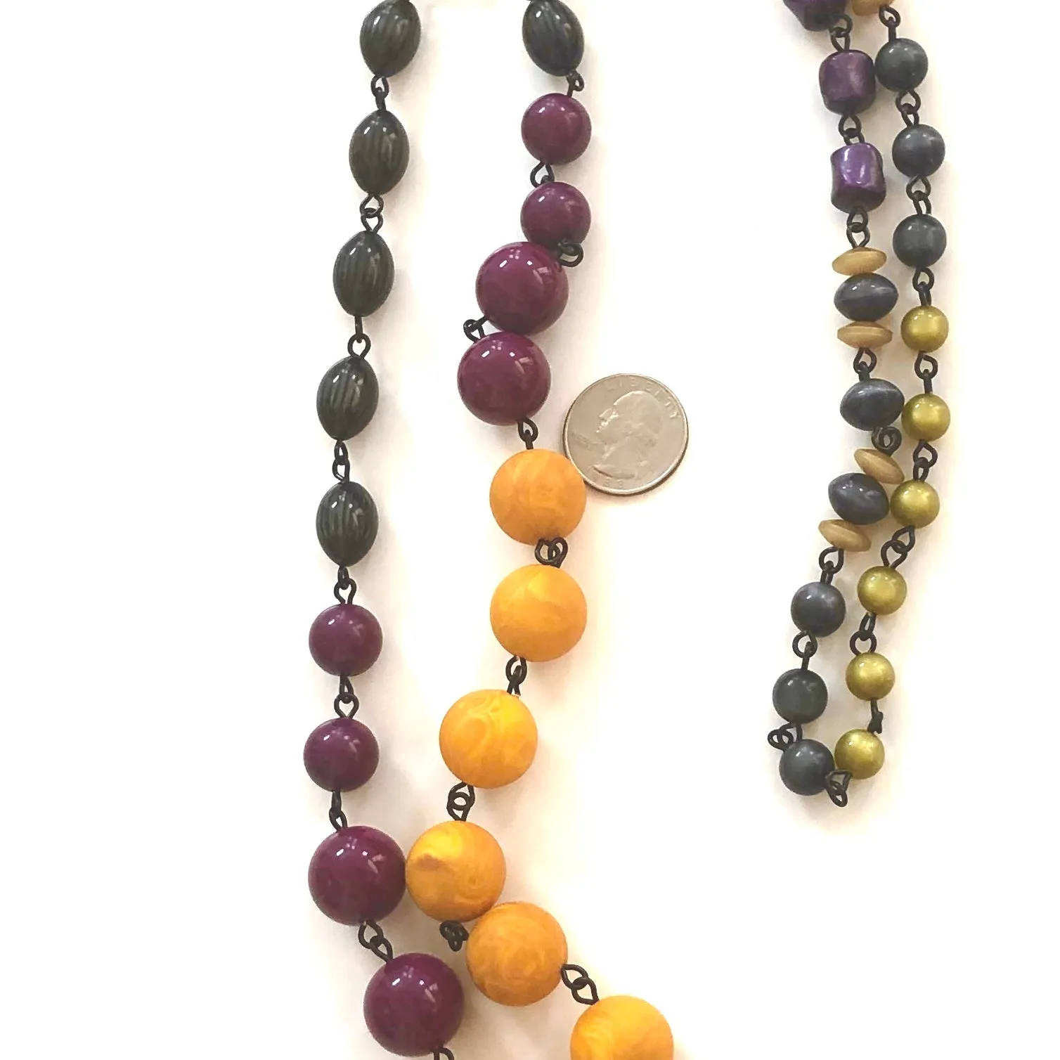 Mustard Yellow & Purple Grey Moonglow Rosary Chain Rope Necklace