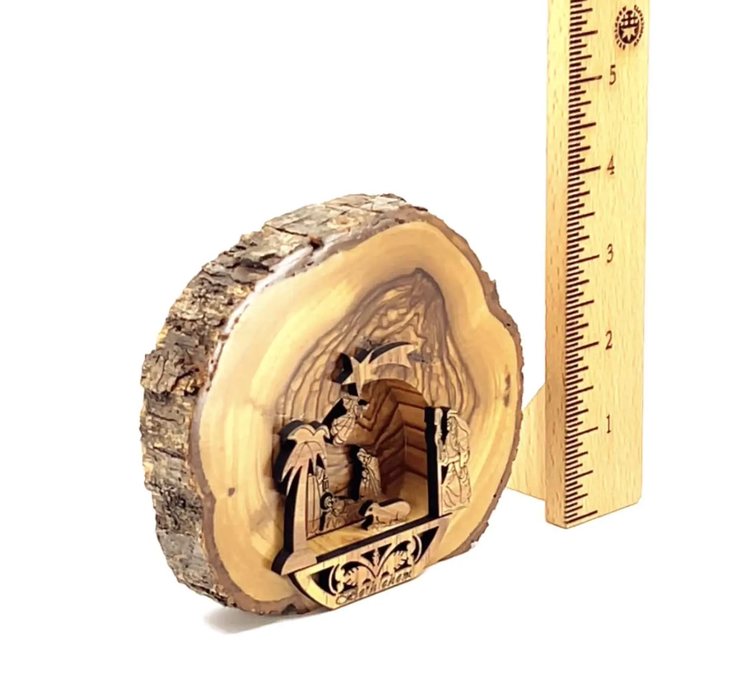 Nativity Scene with Natural Bark, Smooth and Polished, 4 Olive Wood from Bethlehem