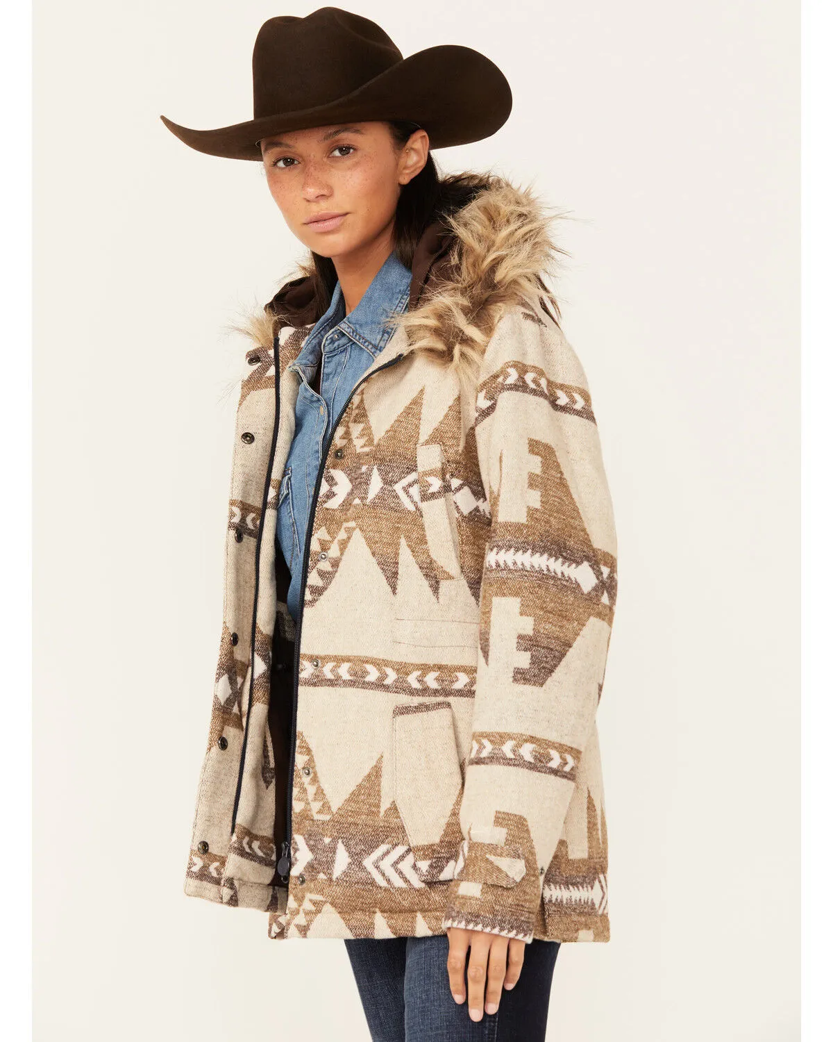 Outback Trading Co Women's Southwestern Print Fur Trim Myra Jacket