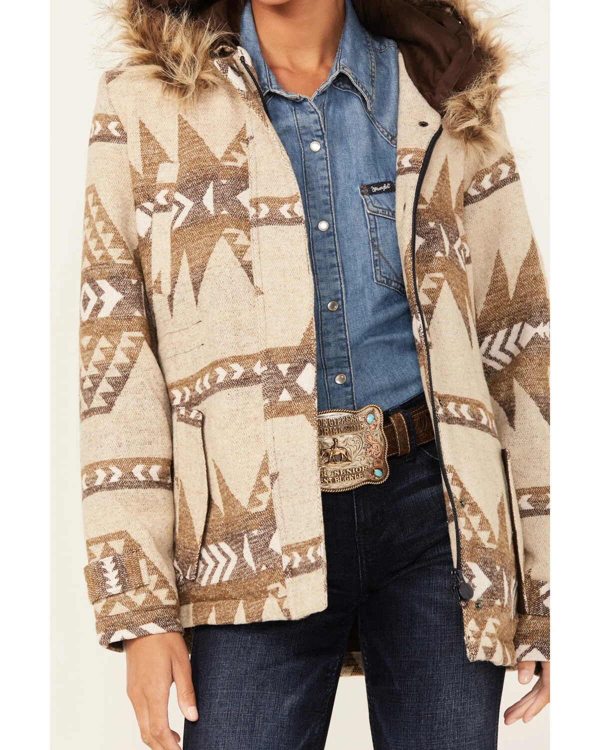 Outback Trading Co Women's Southwestern Print Fur Trim Myra Jacket