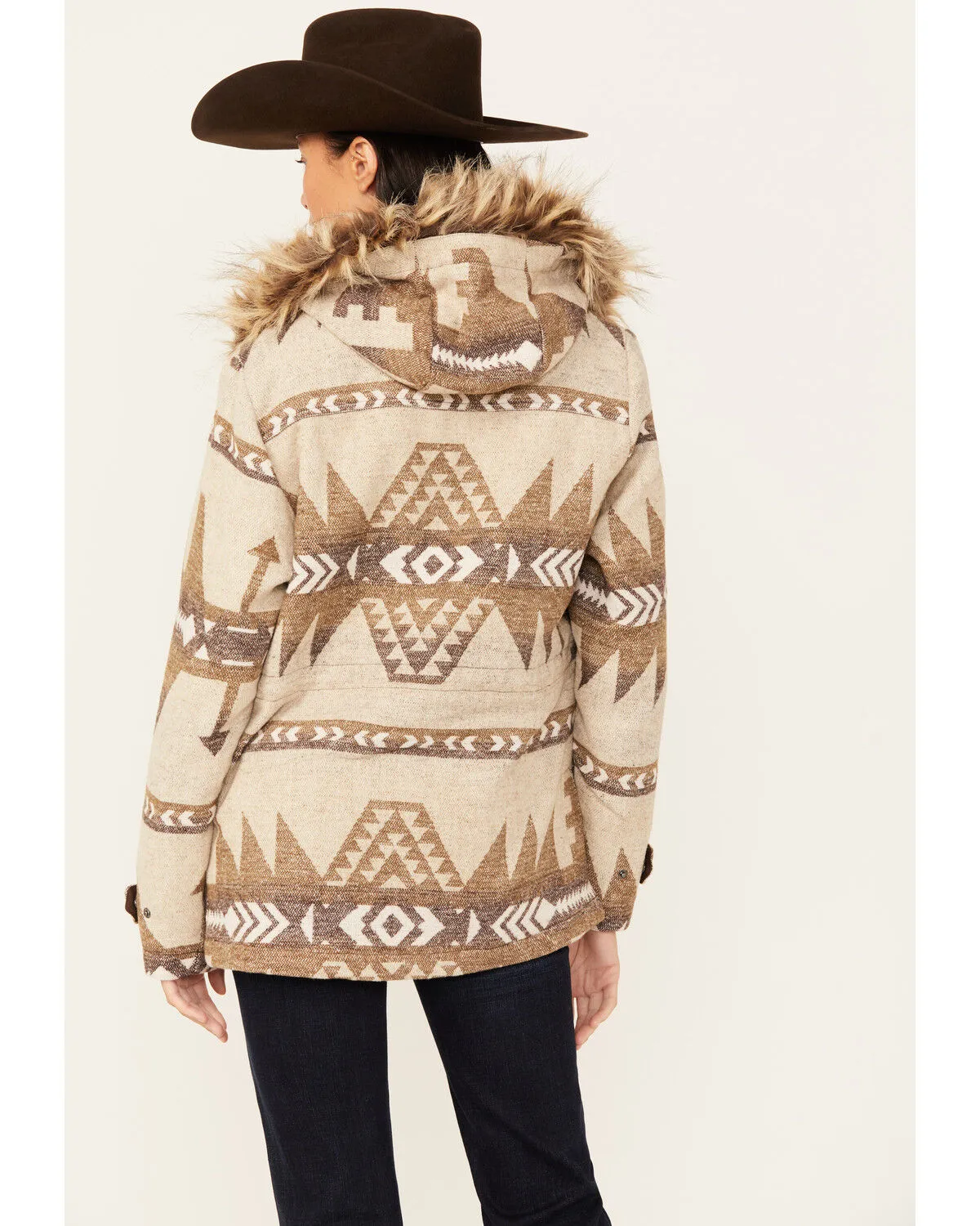 Outback Trading Co Women's Southwestern Print Fur Trim Myra Jacket