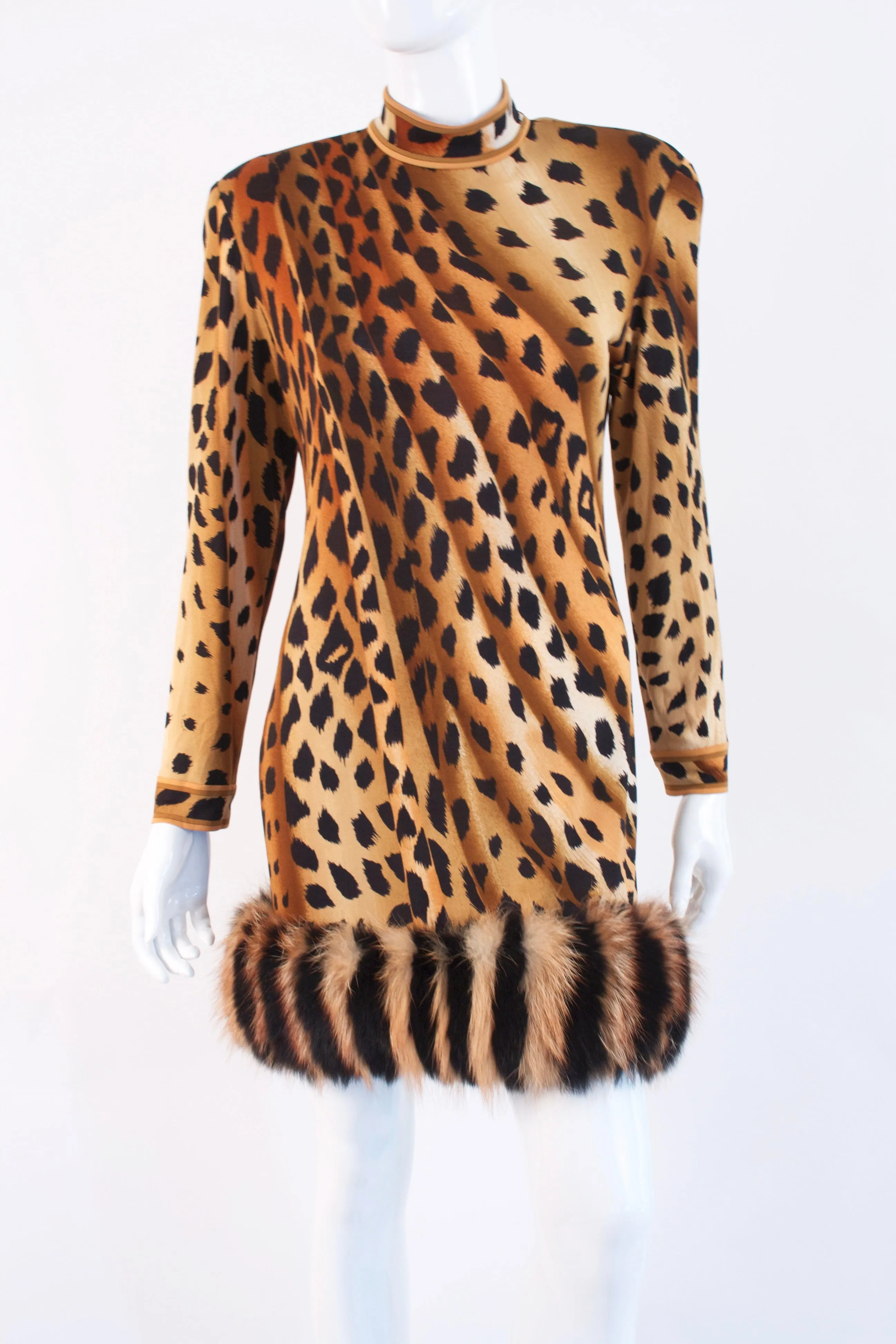 Rare Vintage 80's LEONARD Silk Leopard Dress With Fur