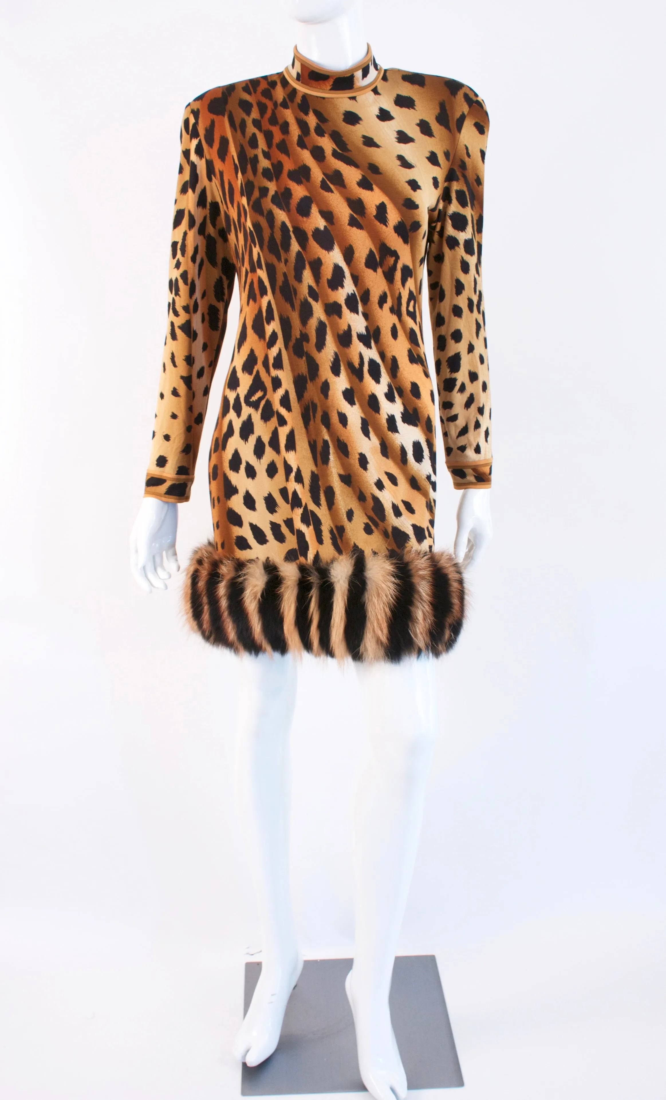 Rare Vintage 80's LEONARD Silk Leopard Dress With Fur