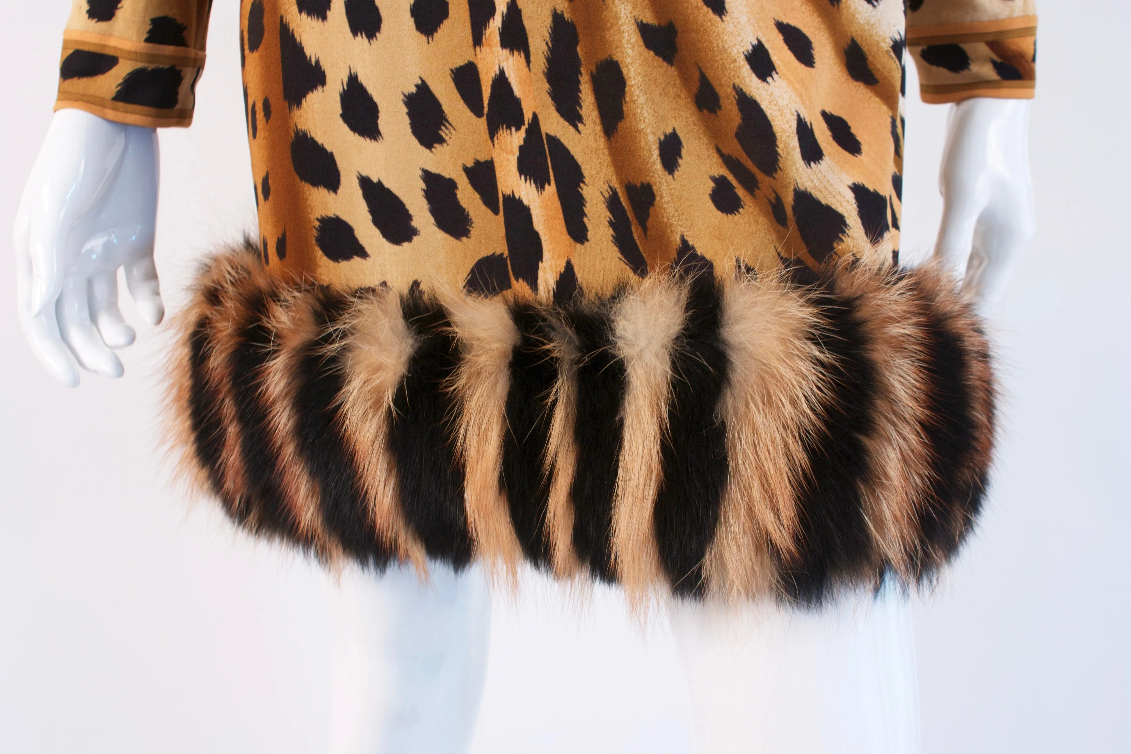 Rare Vintage 80's LEONARD Silk Leopard Dress With Fur