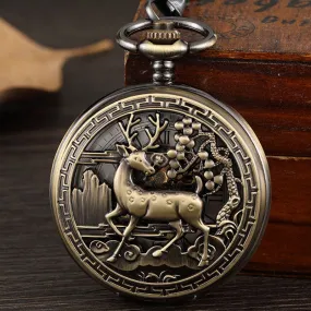 Unisex Vintage Double-sided Carved Deer Pendant Mechanical Pocket Watch