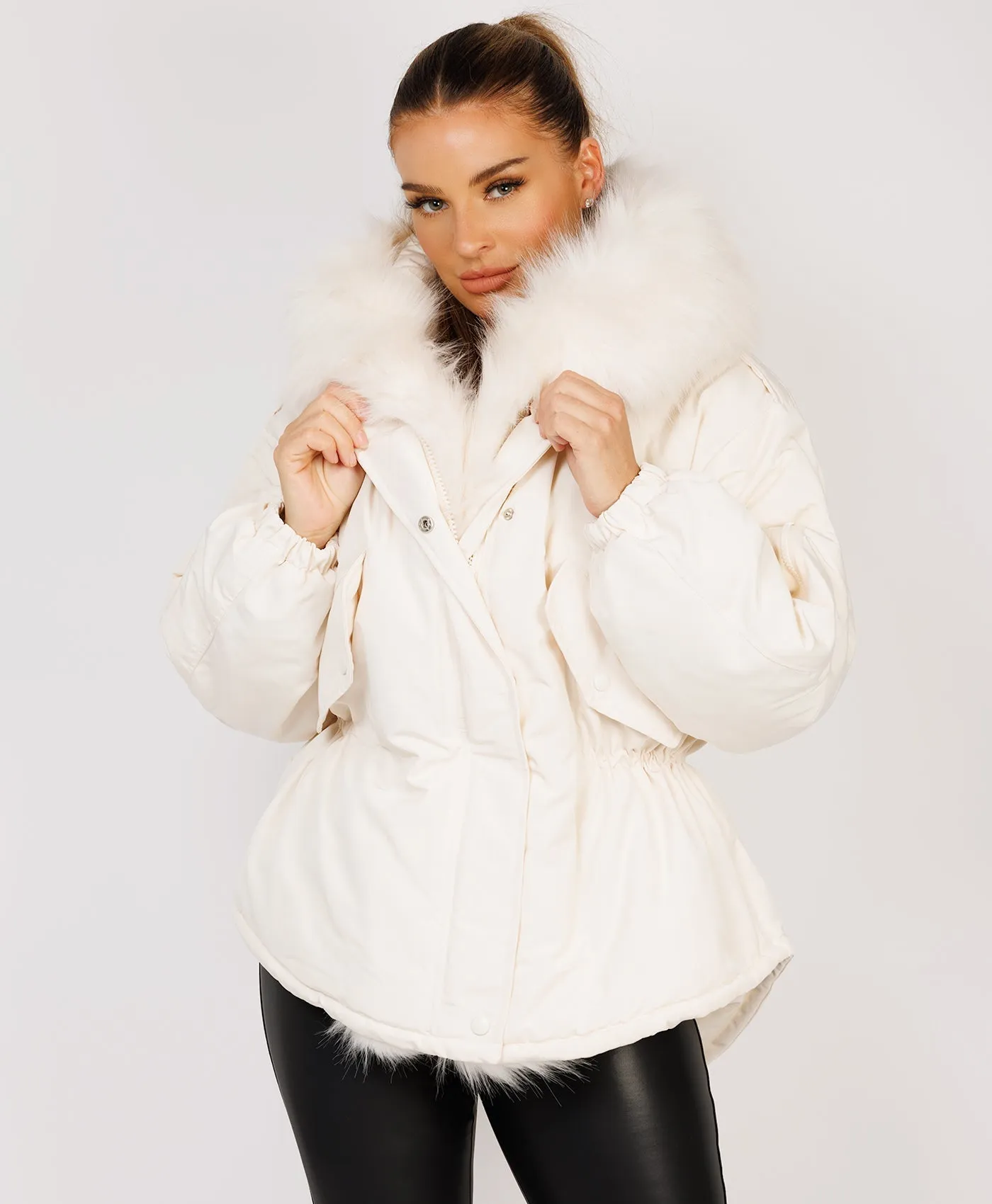 White Faux Fur Trim Oversized Hooded Jacket