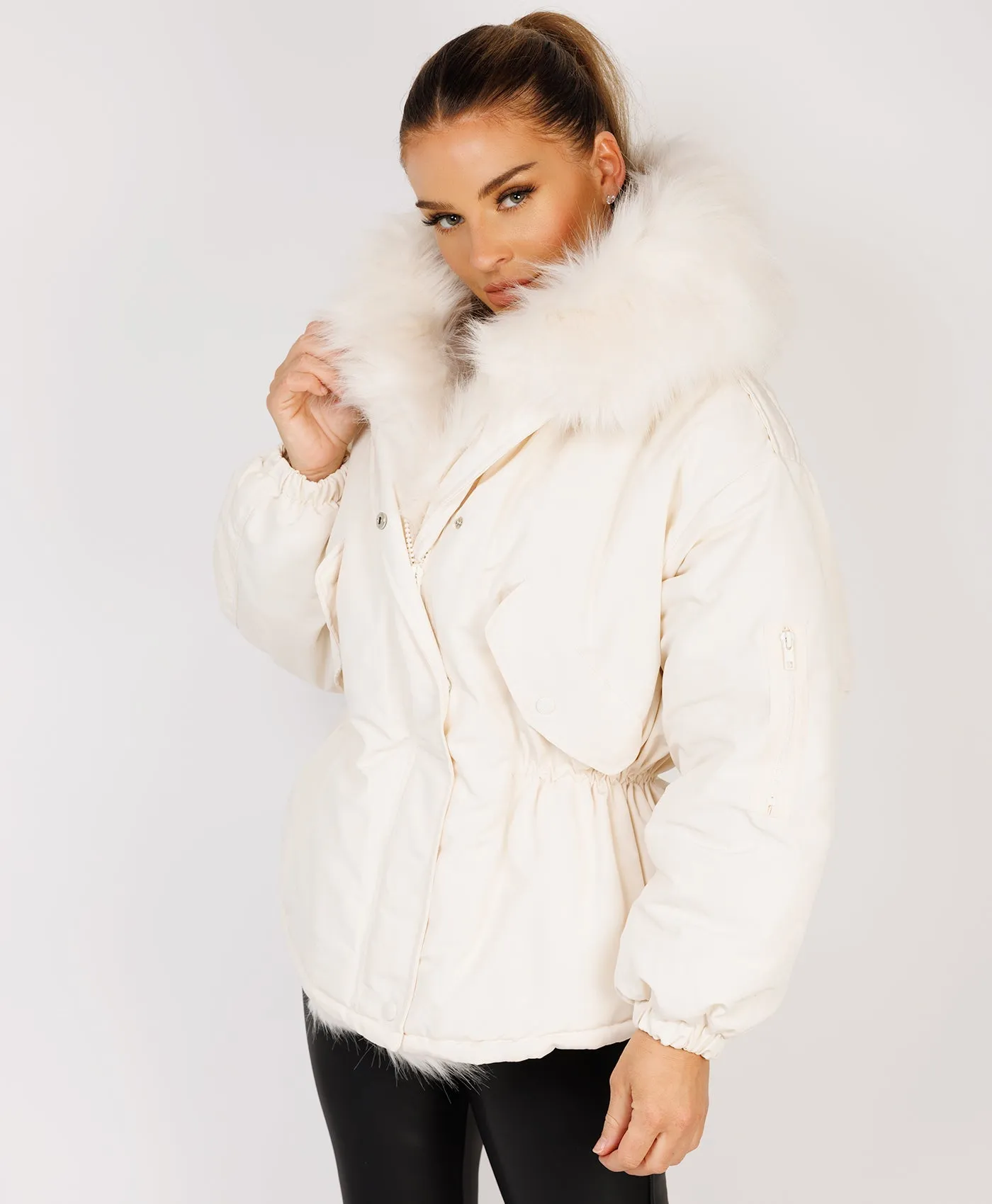 White Faux Fur Trim Oversized Hooded Jacket