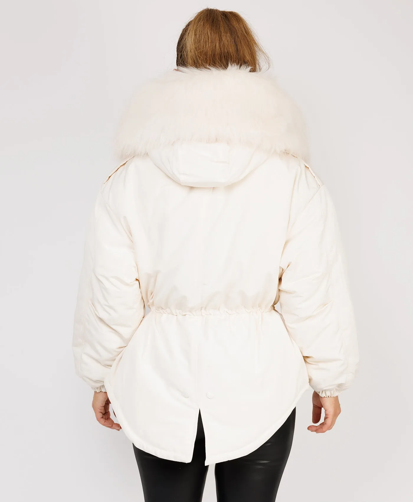 White Faux Fur Trim Oversized Hooded Jacket